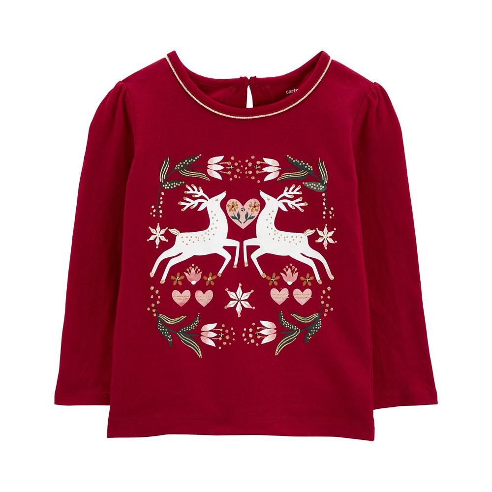Toddler Girls Christmas Reindeer Jersey T-shirt商品第1张图片规格展示