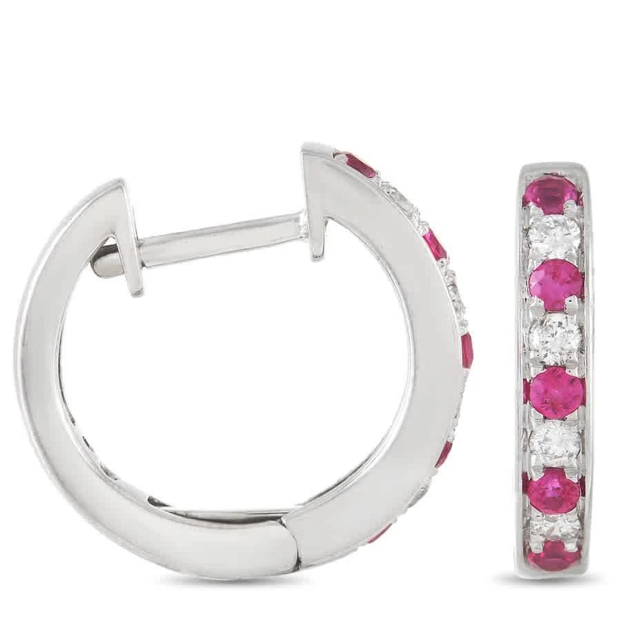 商品LB Exclusive|14K White Gold 0.15 ct Diamond and 0.25 ct Ruby Hoop Earrings,价格¥4463,第2张图片详细描述