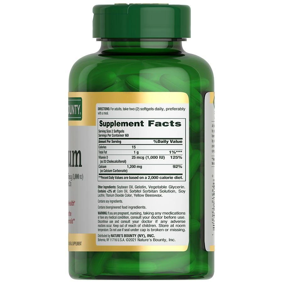 商品Nature's Bounty|Calcium 1200 mg plus Vitamin D3 1000 IU Dietary Supplement Softgels,价格¥184,第4张图片详细描述