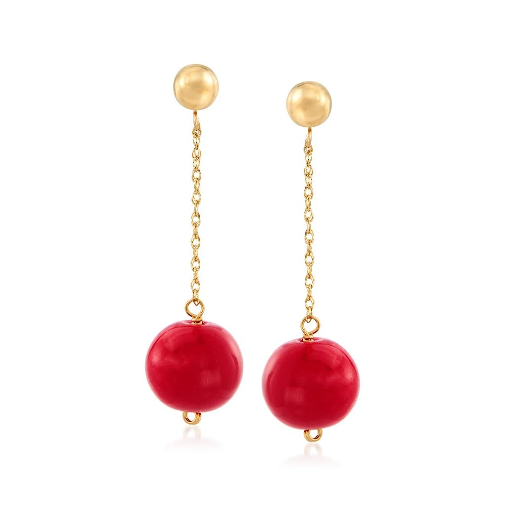 商品Ross-Simons|Ross-Simons 10.5-11mm Red Coral Bead Drop Earrings in 14kt Yellow Gold,价格¥738,第1张图片