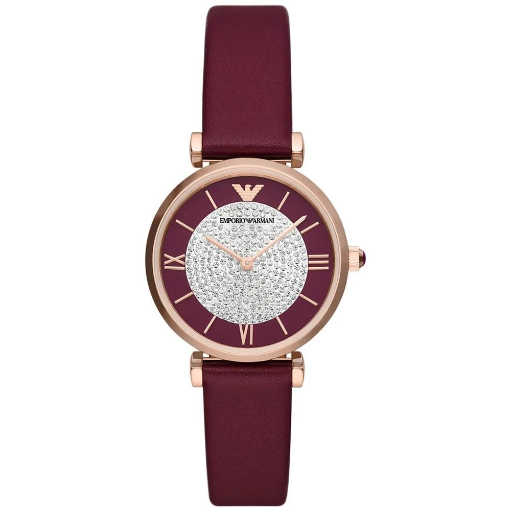 商品Emporio Armani|Women's Burgundy Leather Strap Watch 32mm,价格¥2358,第1张图片