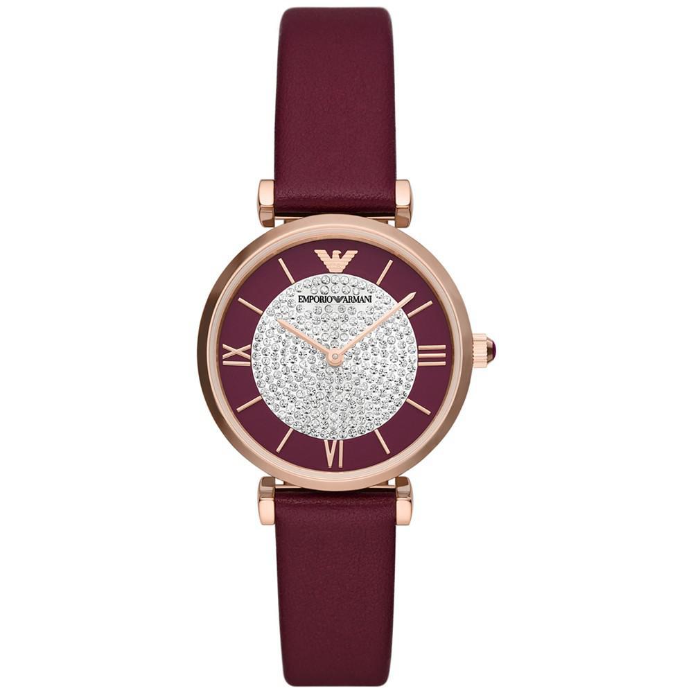 商品Emporio Armani|Women's Burgundy Leather Strap Watch 32mm,价格¥2280,第1张图片