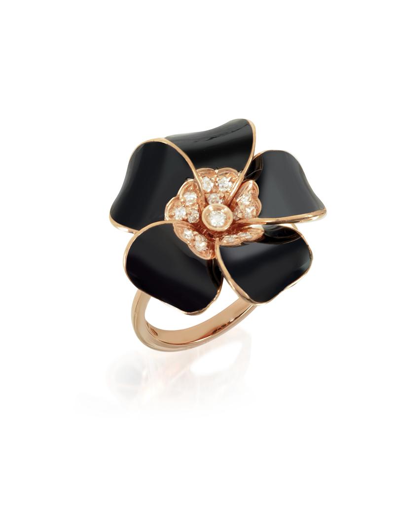 White  Diamond Black Enamel and Rose Gold Lily Ring商品第1张图片规格展示