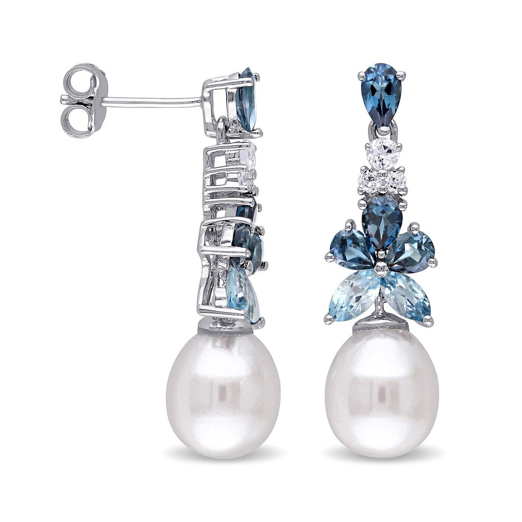 Ross-Simons 8.5-9mm Cultured Pearl and Blue and White Topaz Drop Earrings in Sterling Silver商品第3张图片规格展示