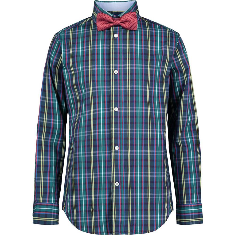 Big Boys Long Sleeve Stretch Sartorial Plaid Shirt with Bow Tie商品第1张图片规格展示