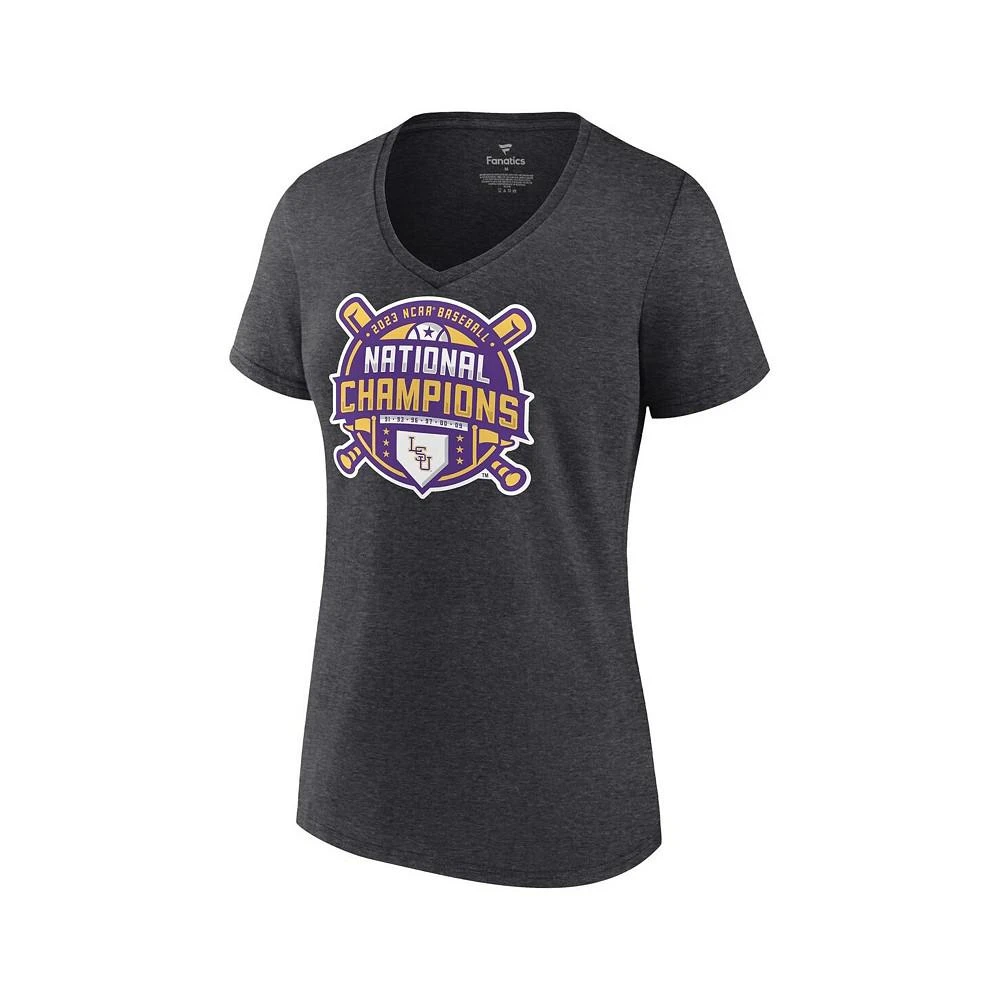 商品Fanatics|Women's Branded Heather Charcoal LSU Tigers 2023 NCAA Men's Baseball College World Series Champions Official Logo V-Neck T-shirt,价格¥262,第3张图片详细描述