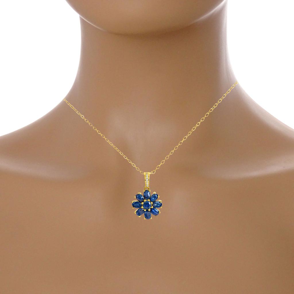 18K Gold Vermeil 5.55Gtw Blue Sapphire Flower Pendant W/ Chain商品第2张图片规格展示