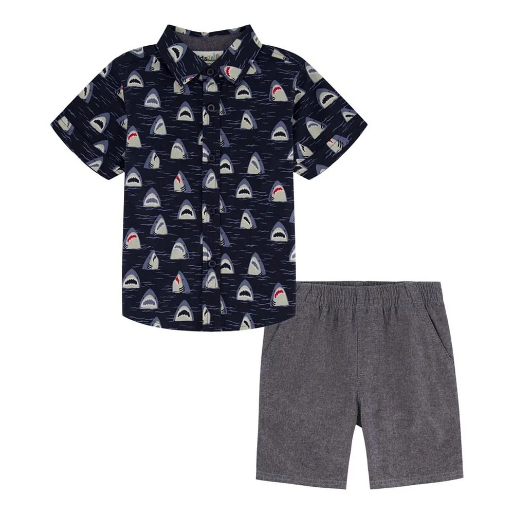 商品KIDS HEADQUARTERS|Little Boys Short Sleeve Shark-Print Poplin Shirt and Chambray Shorts, 2 Piece Set,价格¥99,第1张图片