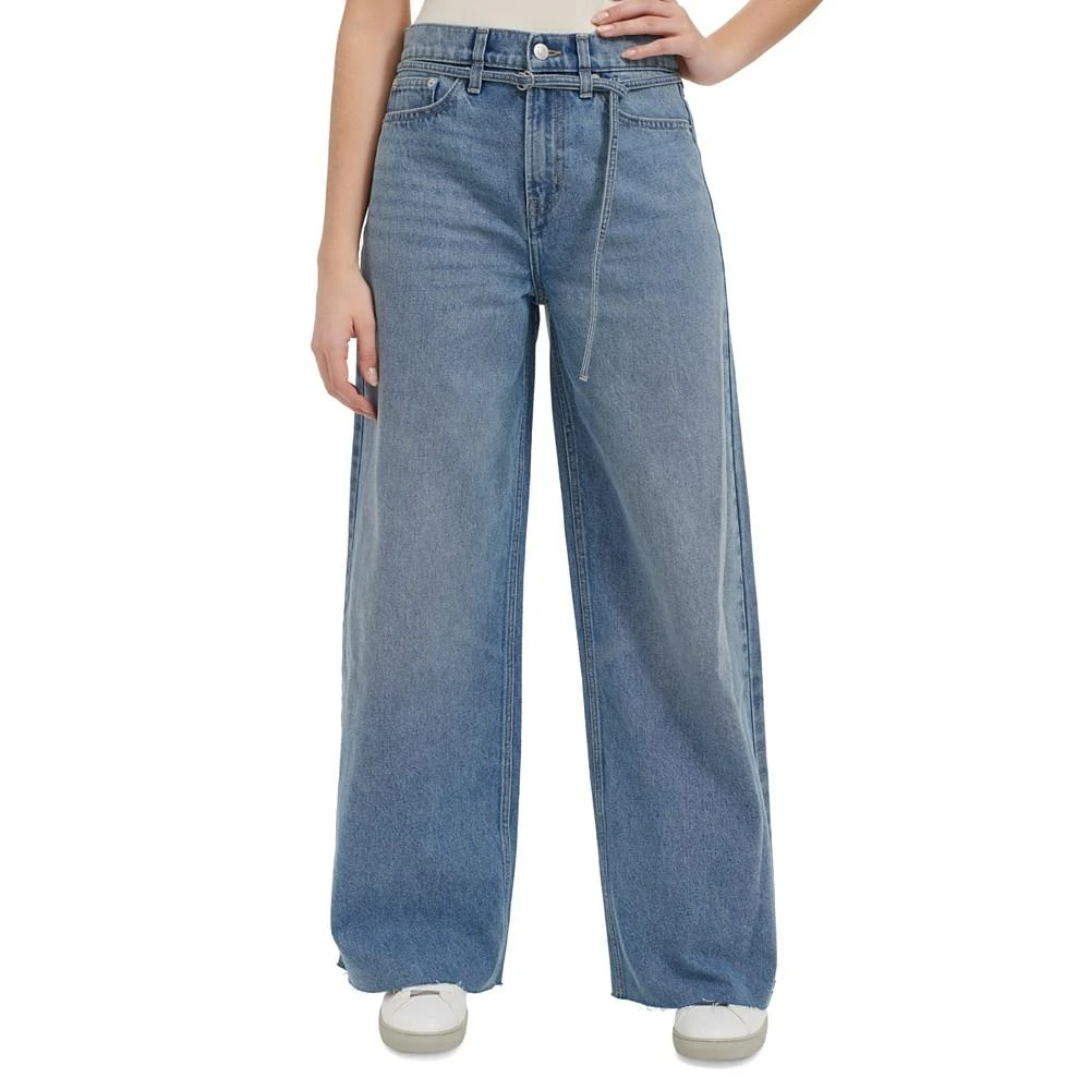 Calvin Klein Jeans Women's Cut-Hem High-Rise Wide-Leg Belted Cotton Denim Jeans new arrivals