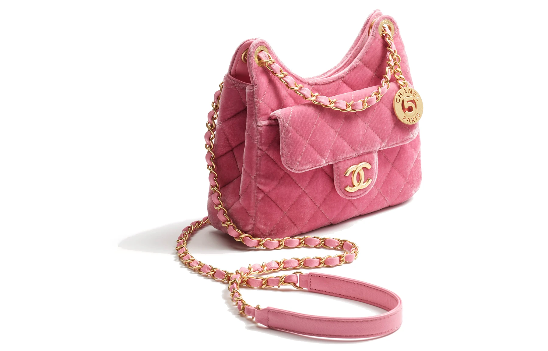 商品[国内直发] Chanel|香奈儿 23B 金扣菱格纹 天鹅绒 流浪包单肩斜挎包 小号 女款 粉色,价格¥45605,第3张图片详细描述