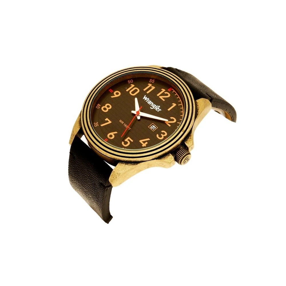 商品Wrangler|Men's Watch, 48MM Antique Brass Case, Black Dial with Bronze Arabic Numerals, Brown Strap, Analog Watch, Red Second Hand, Date Function,价格¥490,第2张图片详细描述
