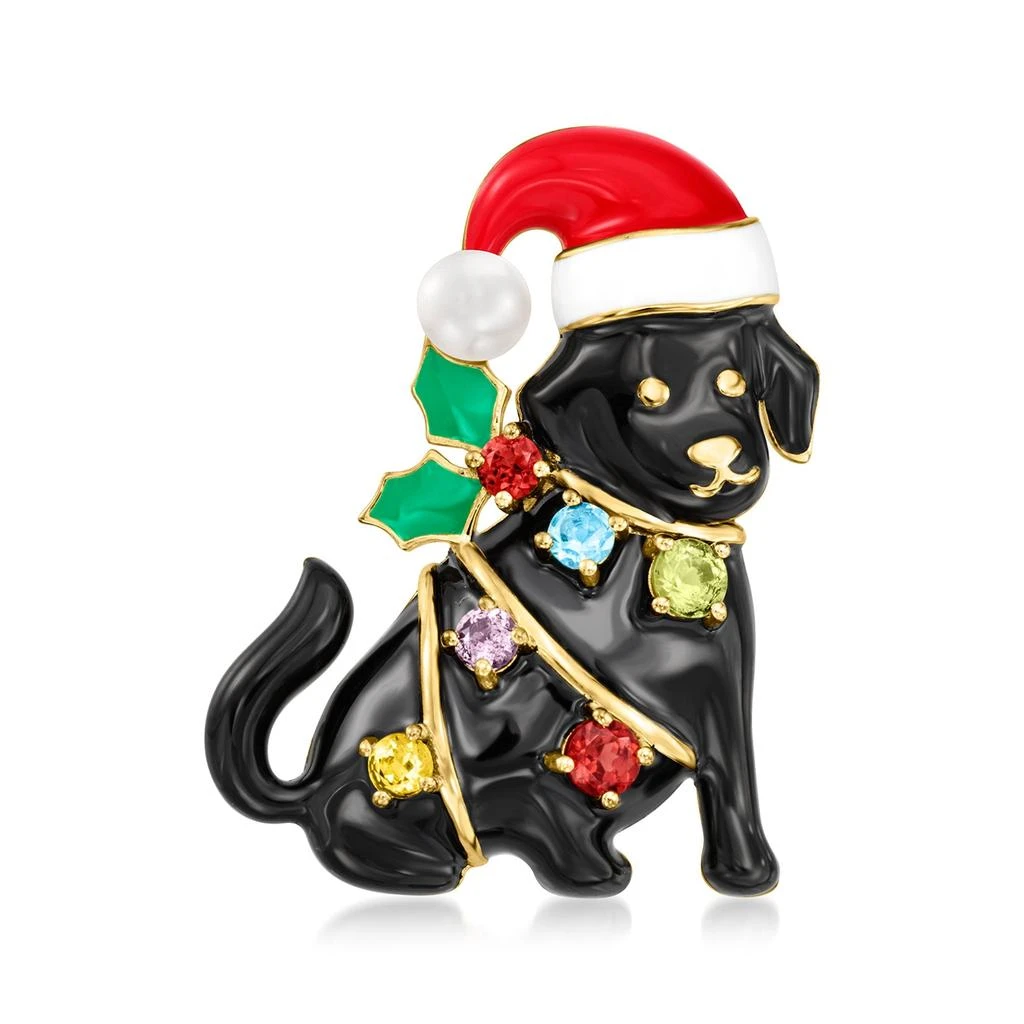 商品Ross-Simons|4-4.5mm Cultured Pearl, . Multi-Gemstone and Multicolored Enamel Christmas Dog Pin/Pendant in 18kt Gold Over Sterling,价格¥1124,第1张图片