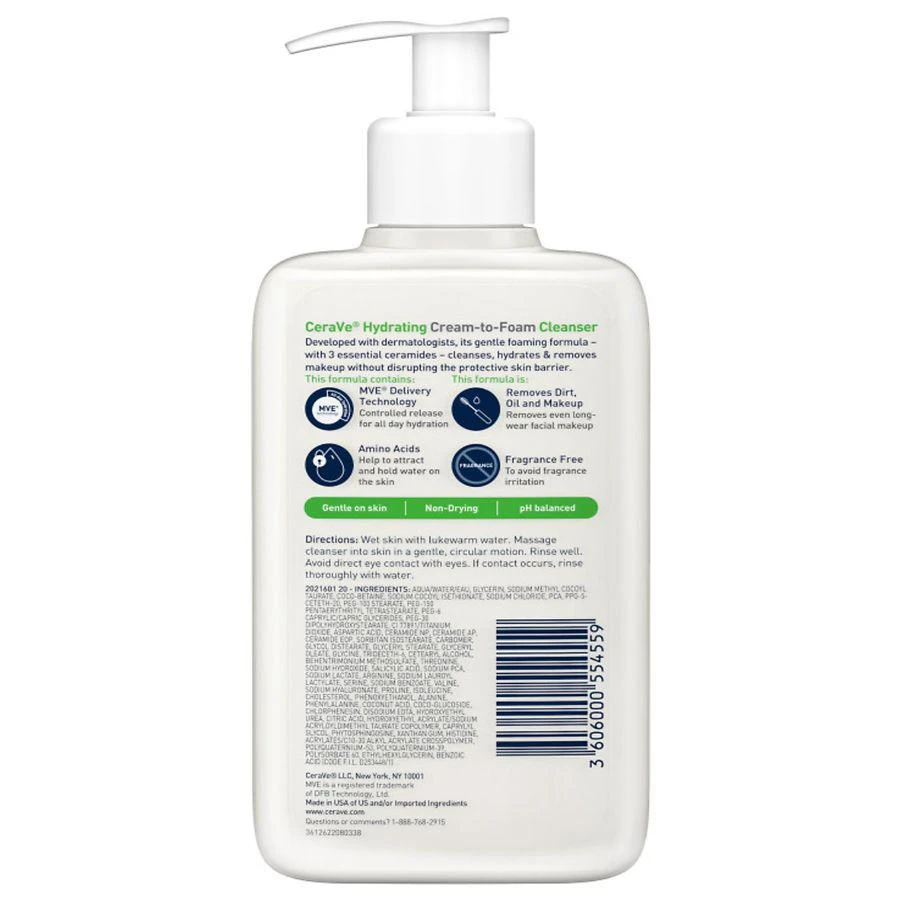 商品CeraVe|Hydrating Cream-to-Foam Face Cleanser, Normal to Dry Skin,价格¥143,第2张图片详细描述