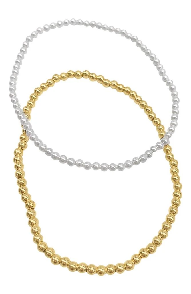 商品ADORNIA|14K Yellow Gold Plated & Imitation Pearl Beaded Stretch Bracelet Set,价格¥165,第1张图片