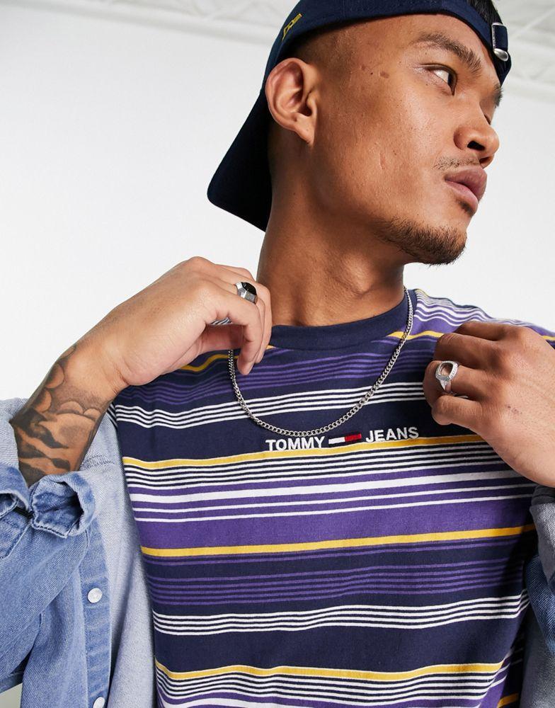 商品Tommy Hilfiger|Tommy Jeans linear logo stripe classic fit t-shirt in blue,价格¥307,第4张图片详细描述