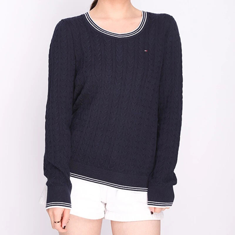 商品[国内直发] Tommy Hilfiger|TOMMY HILFIGER 女士藏蓝色左胸小logo细麻花纹圆领毛衫 76A6105-410,价格¥189,第1张图片