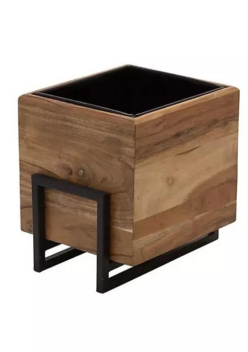 商品Duna Range|Range Square Wooden Planter With Metal Base And Grain Details Set Of 2 Brown,价格¥838,第2张图片详细描述