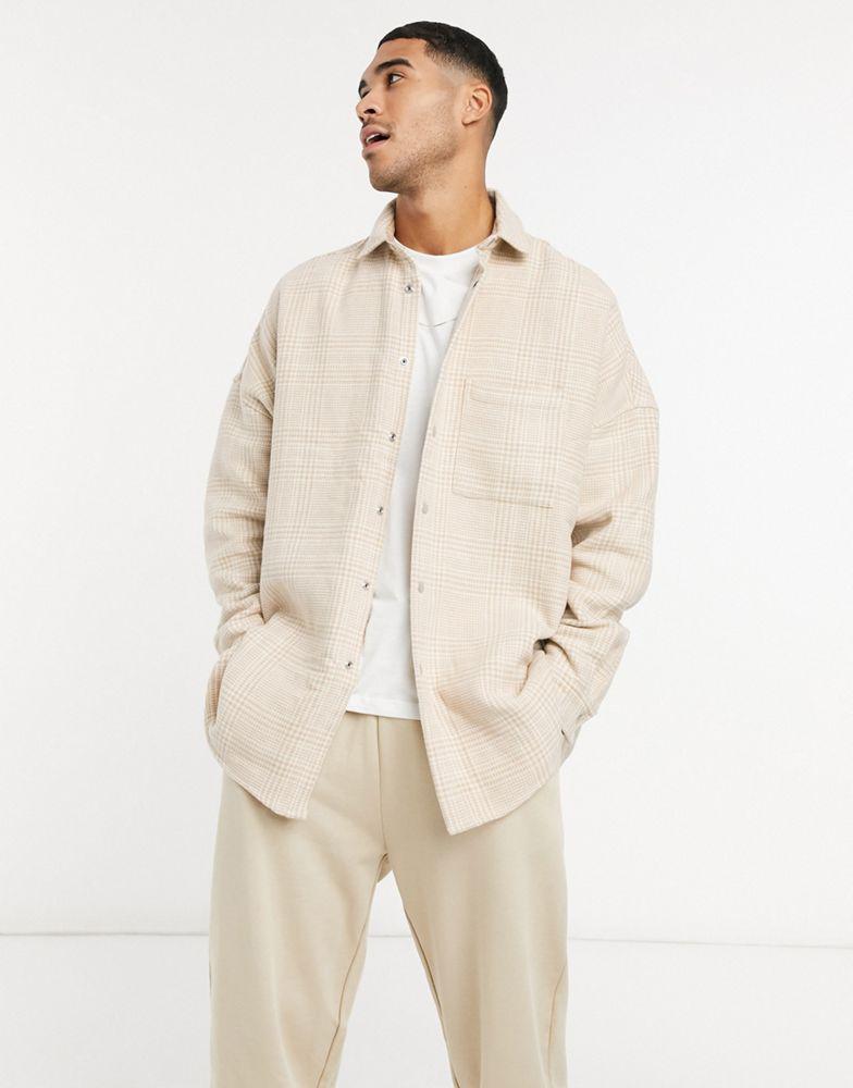 ASOS DESIGN extreme oversized wool mix check shacket in tonal beige with snap buttons商品第1张图片规格展示