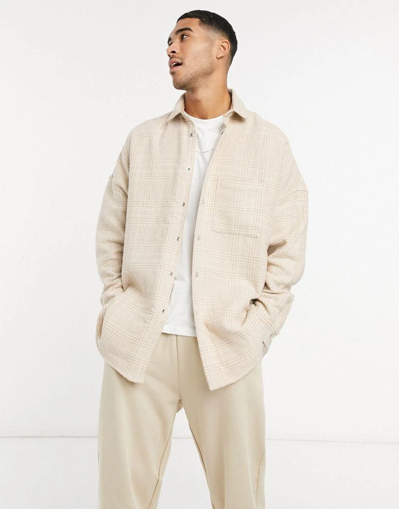 商品ASOS|ASOS DESIGN extreme oversized wool mix check shacket in tonal beige with snap buttons,价格¥210,第1张图片