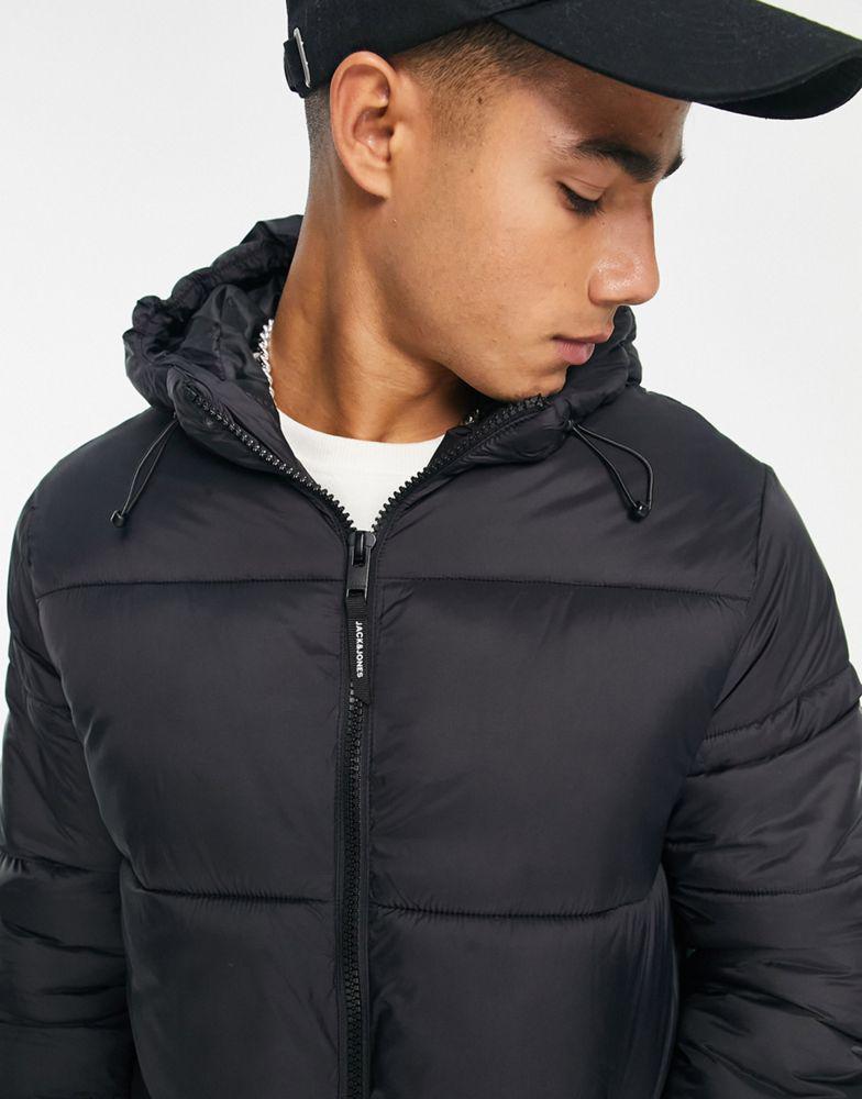 商品Jack & Jones|Jack & Jones Essentials longline puffer coat with hood in black with double zip,价格¥609,第5张图片详细描述