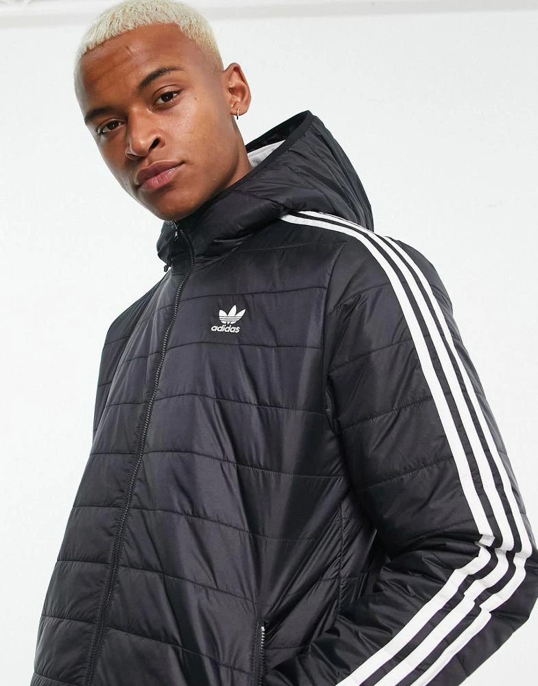 商品Adidas|adidas Originals Adicolor 3 stripe hooded longline puffer jacket in black,价格¥694,第3张图片详细描述