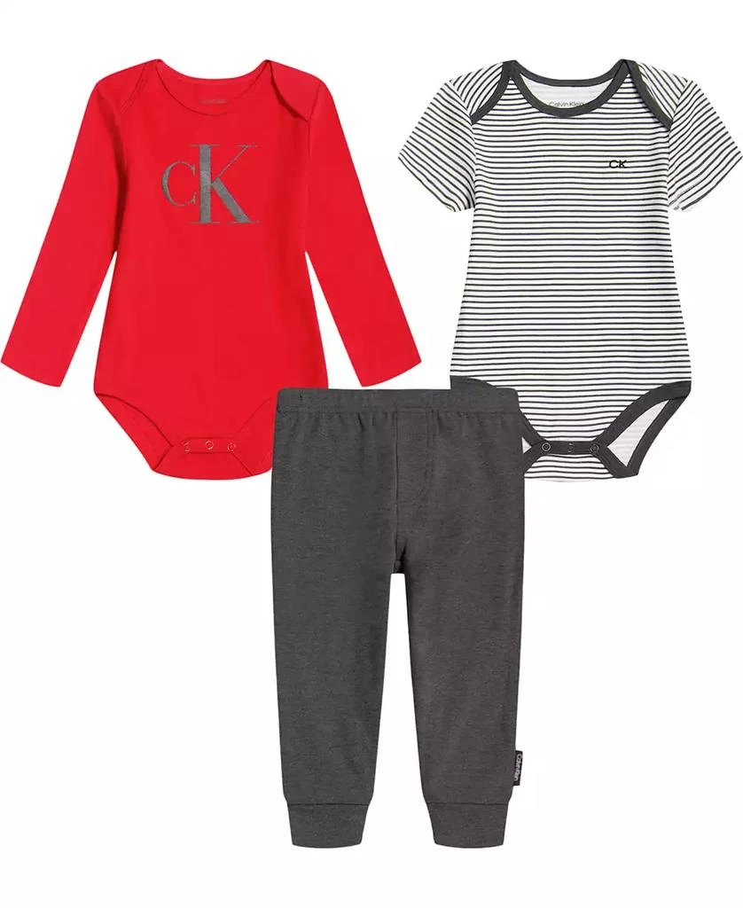 商品Calvin Klein|Baby Boys Logo Printed Bodysuits and Joggers, 3 Piece Set,价格¥108,第1张图片