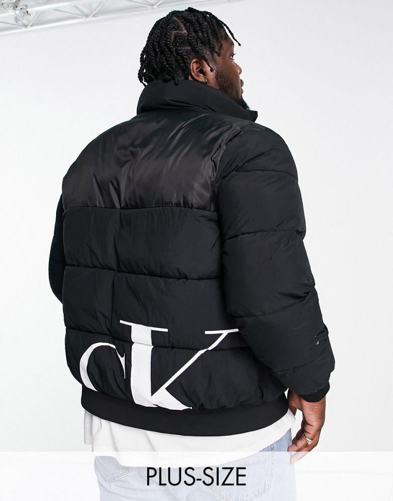 Calvin Klein Jeans Big & Tall mix media logo puffer jacket in black商品第1张图片规格展示