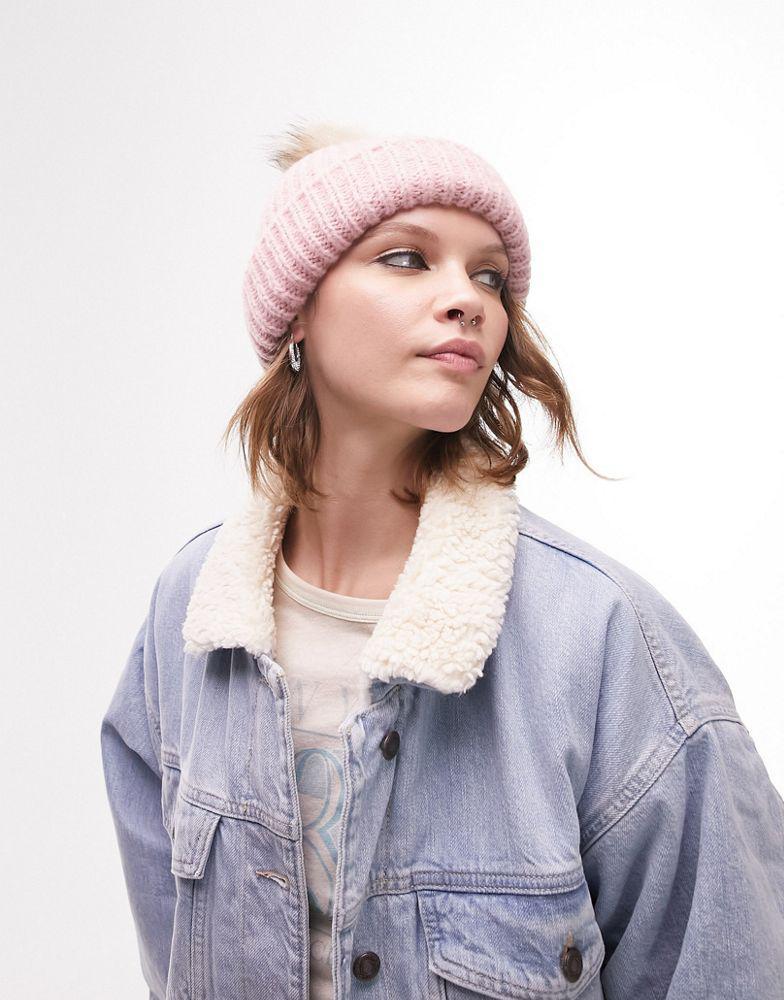 商品Topshop|Topshop knitted fur pom pom beanie in dusky pink,价格¥124,第5张图片详细描述