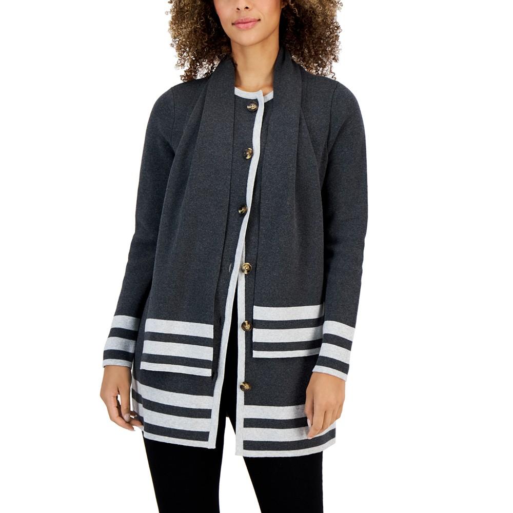 Women's Cotton Striped Shawl-Neck Cardigan Sweater商品第1张图片规格展示