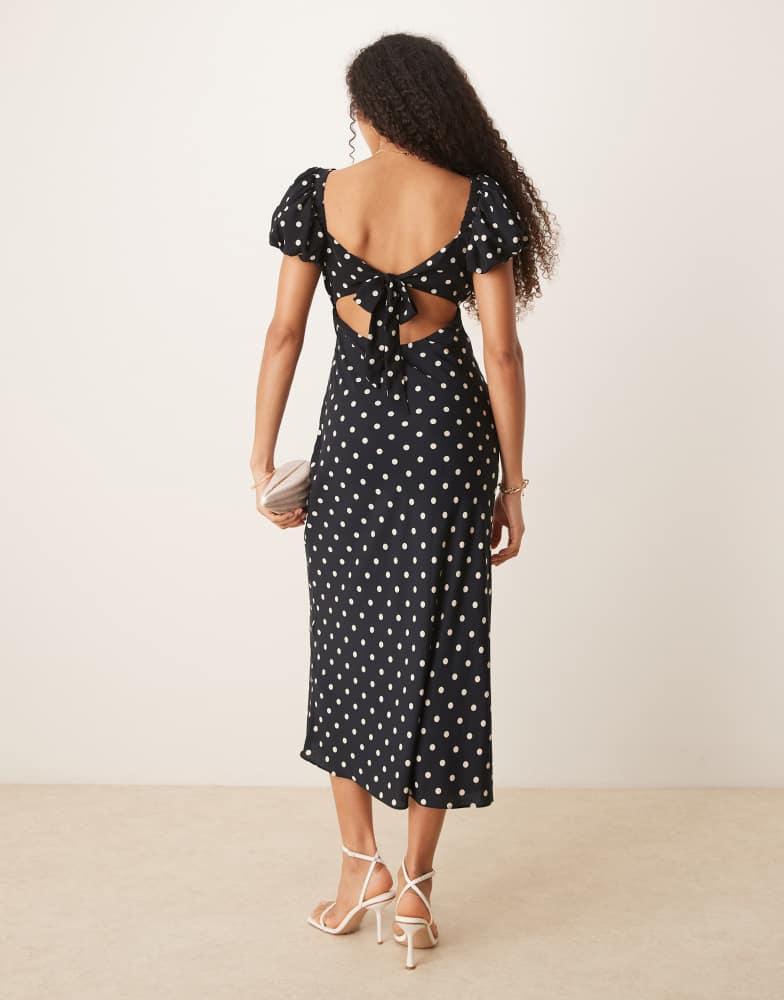 Women's Puff Sleeve Midi Dress in Black Dot | Size M | Abercrombie & Fitch