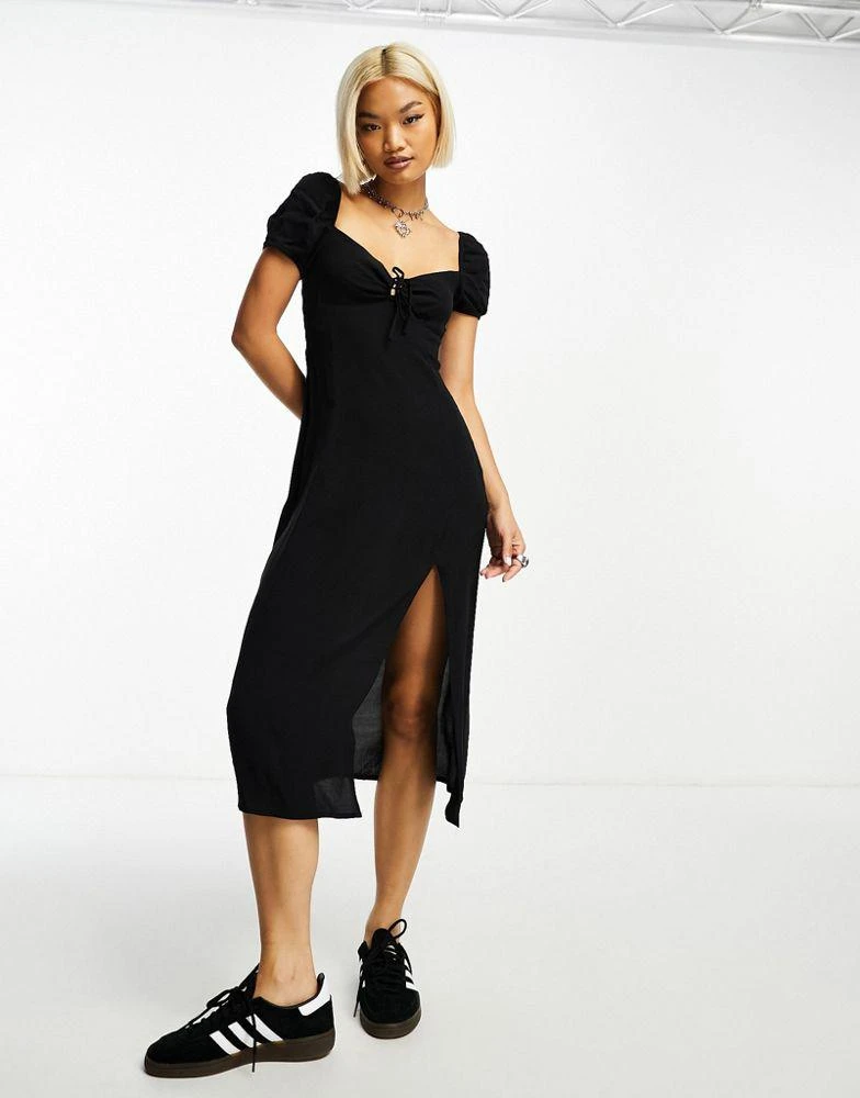 商品Bershka|Bershka milkmaid split hem midi dress in black,价格¥266,第3张图片详细描述