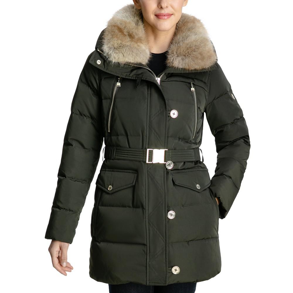 Petite Belted Faux-Fur-Collar Down Puffer Coat, Created for Macy's商品第1张图片规格展示