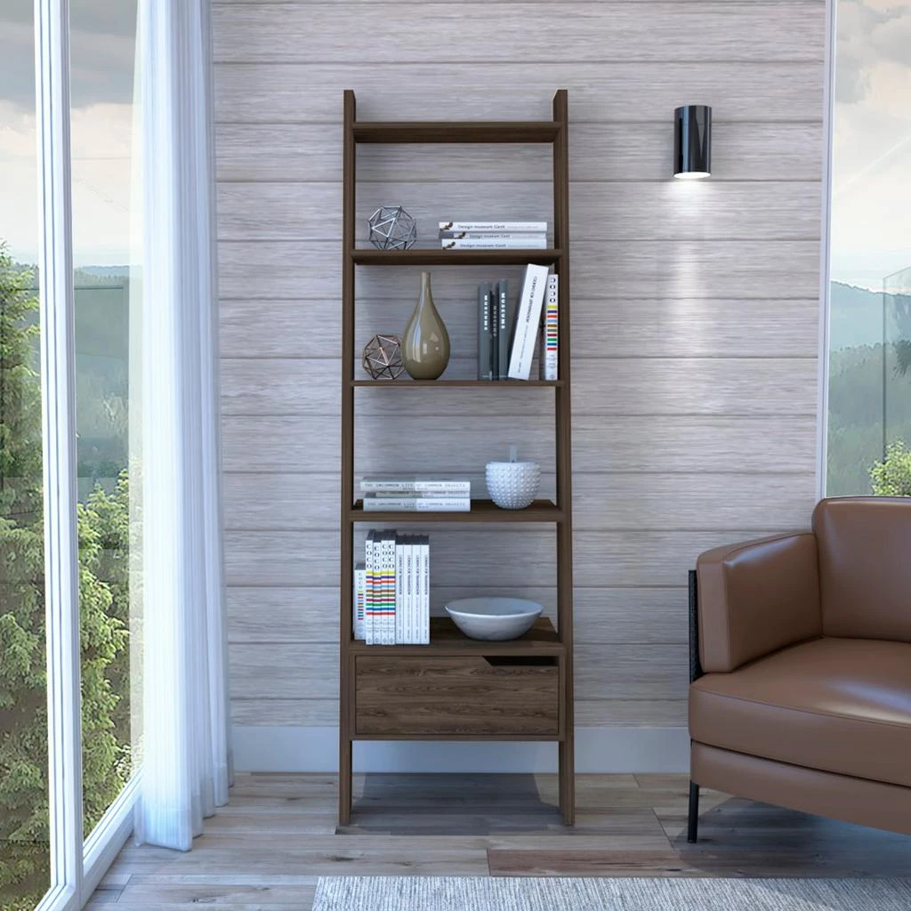 商品Simplie Fun|Oslo Ladder Bookcase, Four Legs, One Drawer, Five Open Shelves -Dark Walnut,价格¥2667,第1张图片