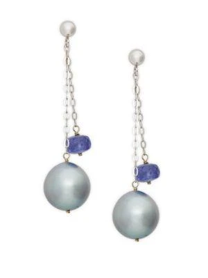 商品BELPEARL|14K White Gold, 11mm Gray Cultured Tahitian Pearl & Tanzanite Double Chain Drop Earrings,价格¥1537,第1张图片