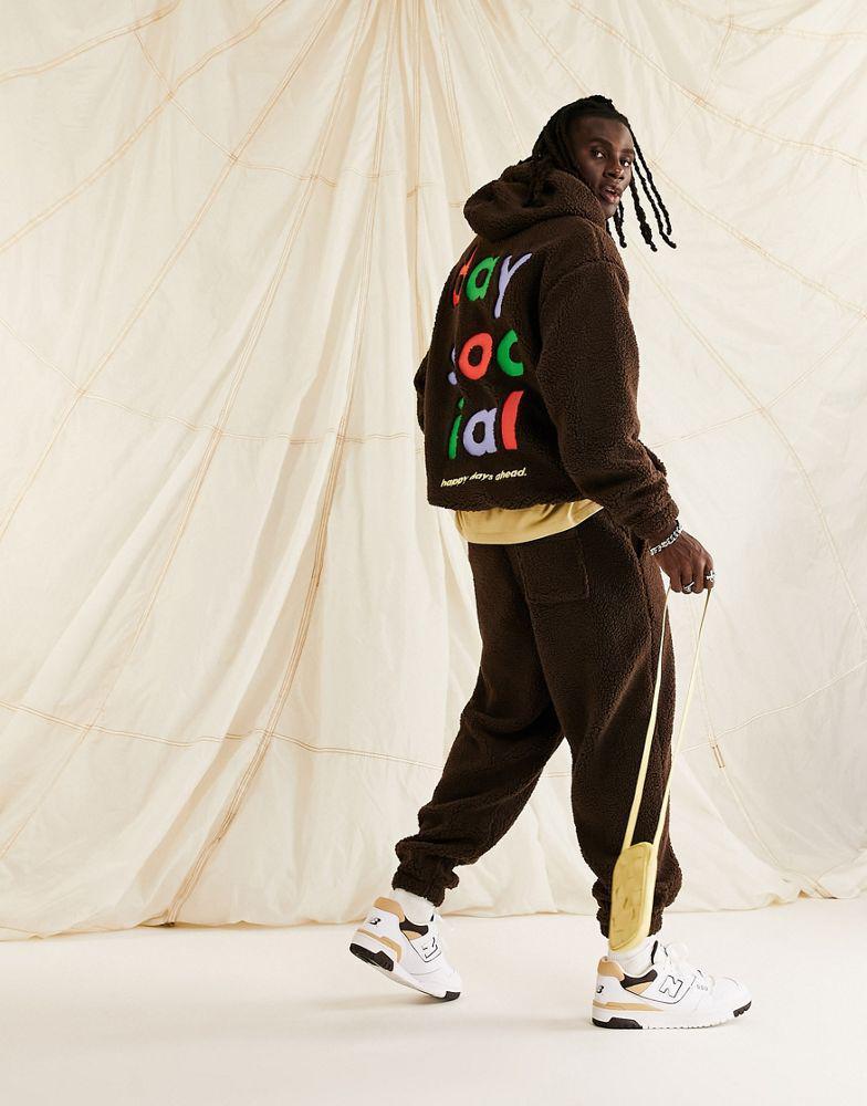 商品ASOS|ASOS Daysocial co-ord oversized hoodie in teddy borg with large back logo embroidery in brown,价格¥363,第5张图片详细描述