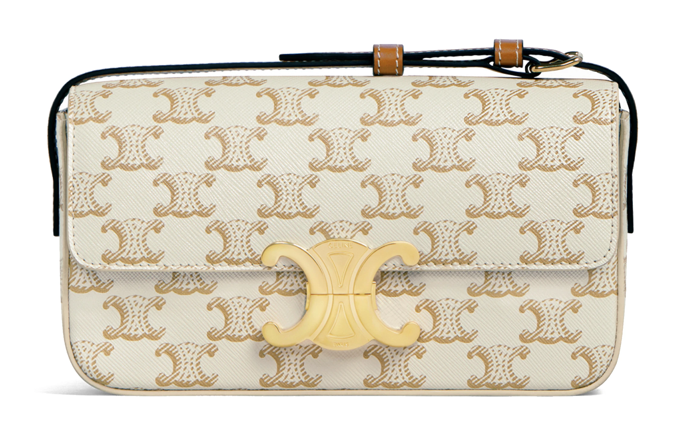 商品[国内直发] Celine|赛琳 Triomphe 凯旋门标志经典满印老花金属质感锁扣 牛皮革 腋下包斜挎单肩包 常规 女款 白色/卡其色,价格¥18444,第1张图片