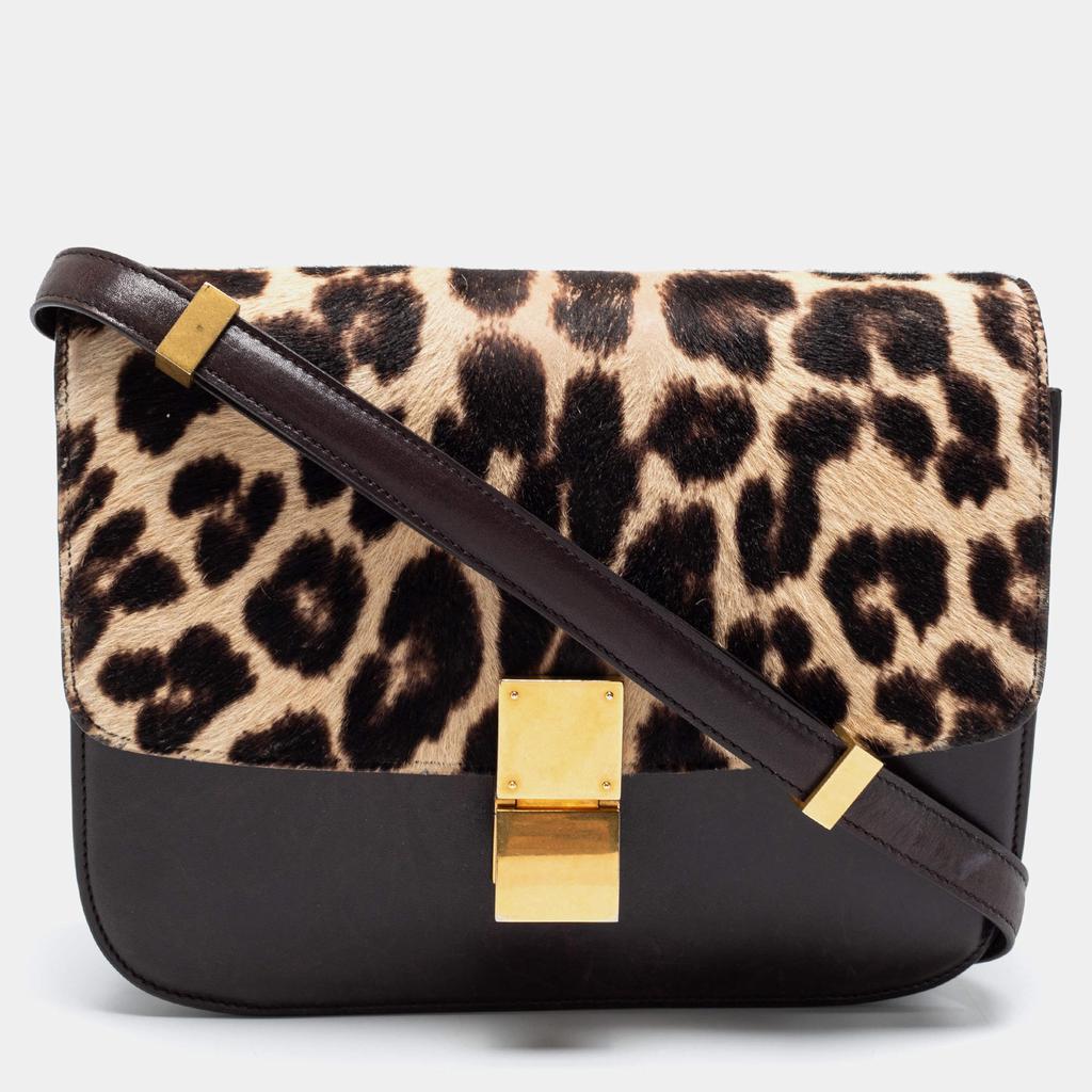 Celine Brown Leopard Print Leather and Calfhair Medium Classic Box Shoulder Bag商品第1张图片规格展示