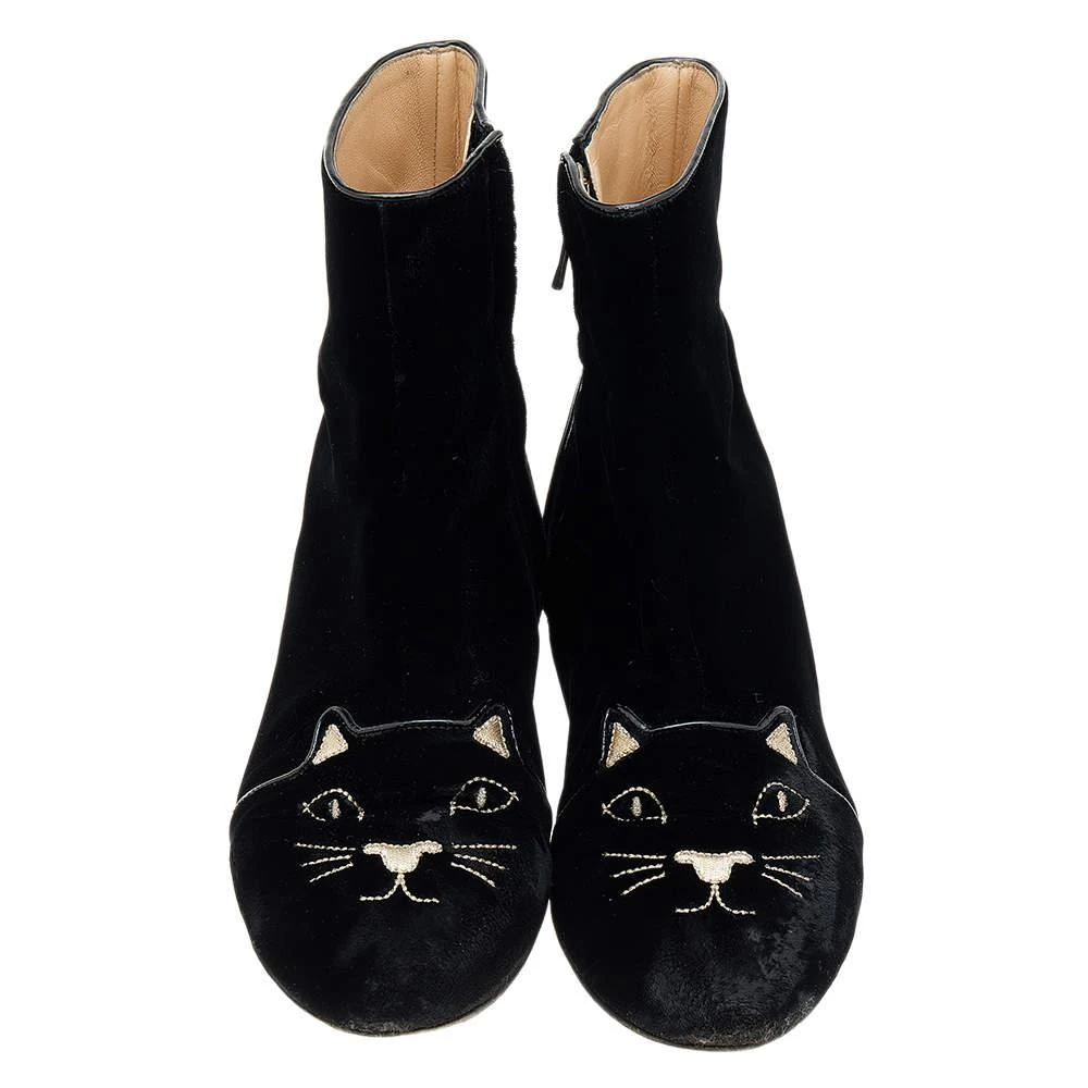 商品[二手商品] Charlotte Olympia|Charlotte Olympia Black Velvet Cat Embroidered Ankle Boots Size 39,价格¥890,第3张图片详细描述