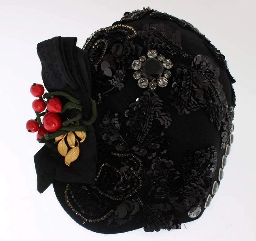 商品Dolce & Gabbana|Dolce & Gabbana  Black Crystal Gold Cherries Brooch Hat,价格¥9161,第5张图片详细描述