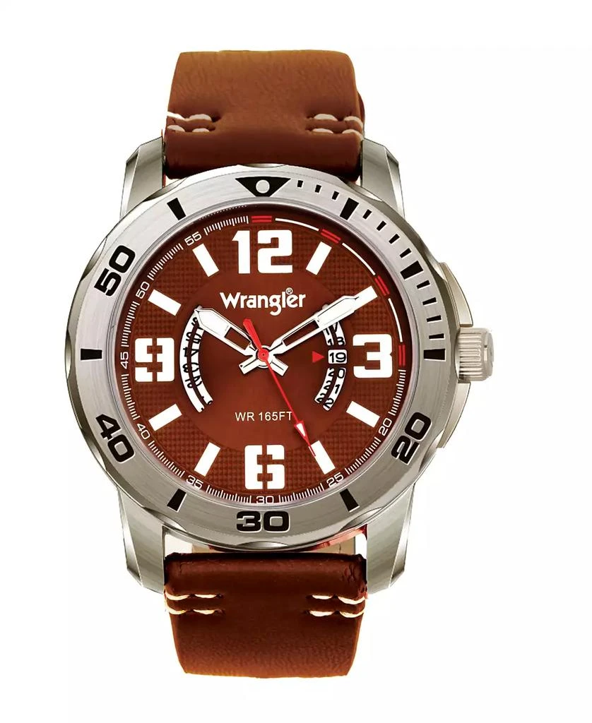 商品Wrangler|Men's Watch, 48MM Silver Colored Case with Black Printed Arabic Numerals on Outer Steel Bezel, Brown Dial with Dual Crescent Windows, Date Window , Brown Strap with White Accent Stitch Analog,价格¥425,第1张图片