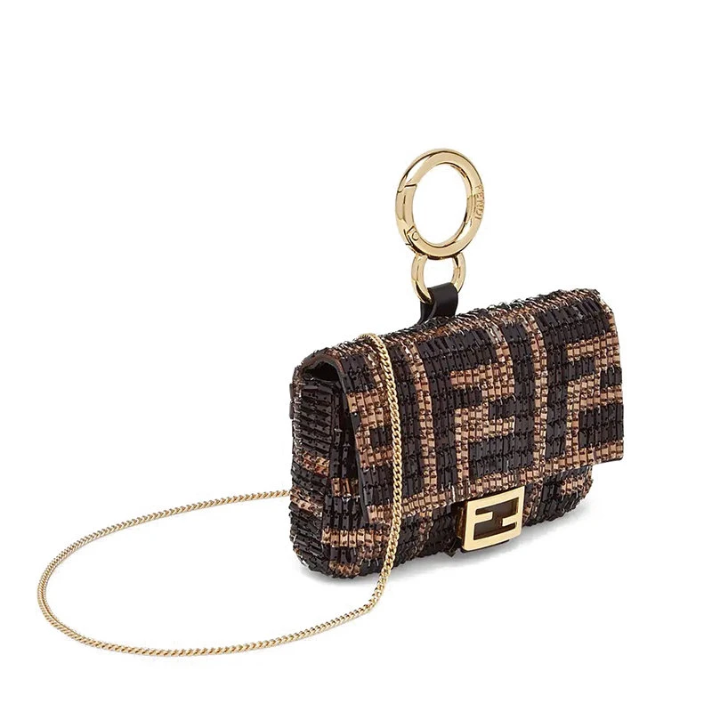 商品Fendi|【预售3-7天】FENDI/芬迪BAGUETTE NANO系列 棕色和黑色珠子的FF刺绣搭配FF扣翻盖单肩手提法棍包 7AR844AEHZF0GTE,价格¥7584,第4张图片详细描述