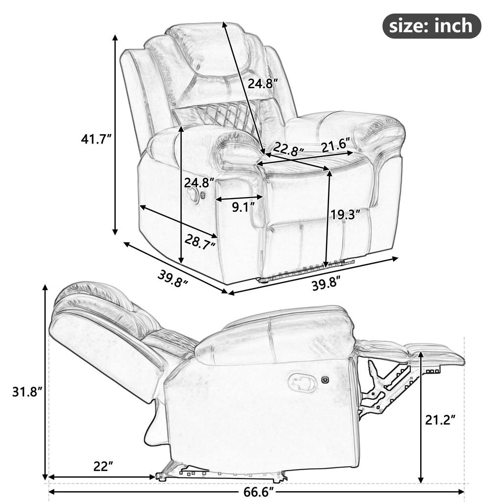 商品Streamdale Furniture|Streamdale Home Theater Seating Manual Recliner Chair With LED Light Strip,价格¥5629,第2张图片详细描述