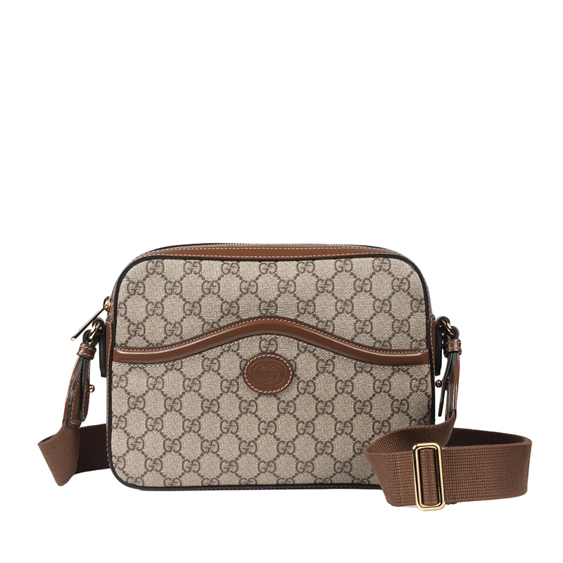 商品Gucci|GUCCI/古驰 男士老花帆布棕色皮革椭圆形双G细节单肩斜挎包‎67589192THG8563,价格¥10629,第1张图片