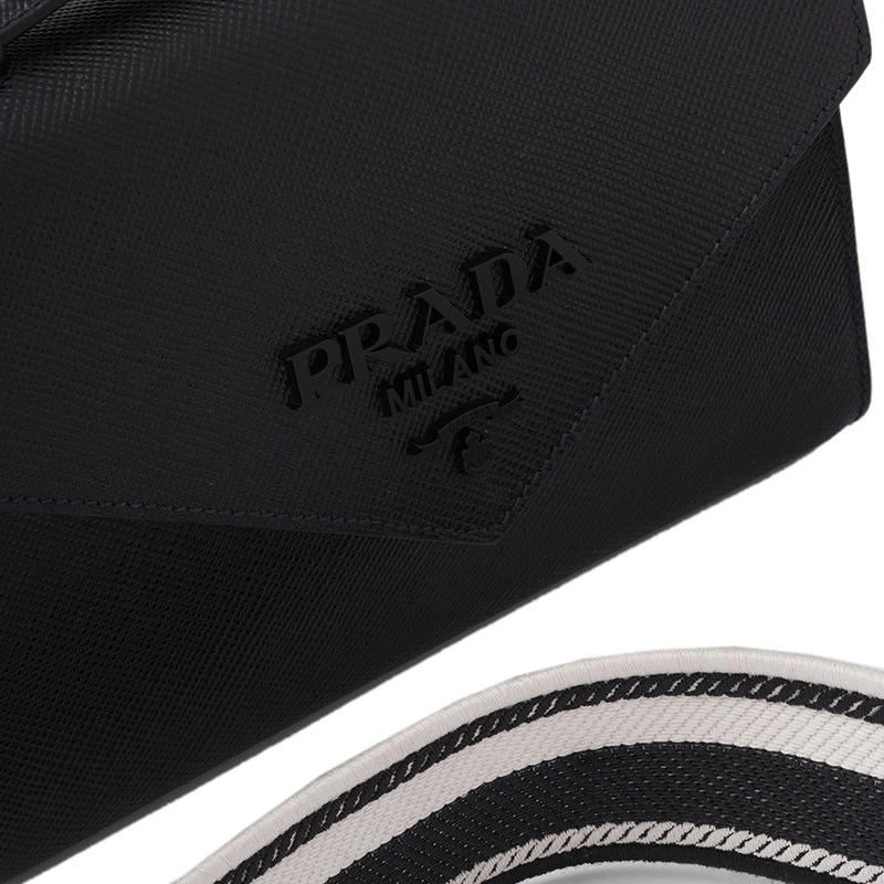 商品Prada|【预售3-7天】普拉达 22春夏新款Monochrome系列 女士黑色Saffiano皮革配可拆卸徽标印花刺绣织带翻盖开合斜跨单肩包1BD317_2ERX_F0002_V_3O3,价格¥19624,第6张图片详细描述