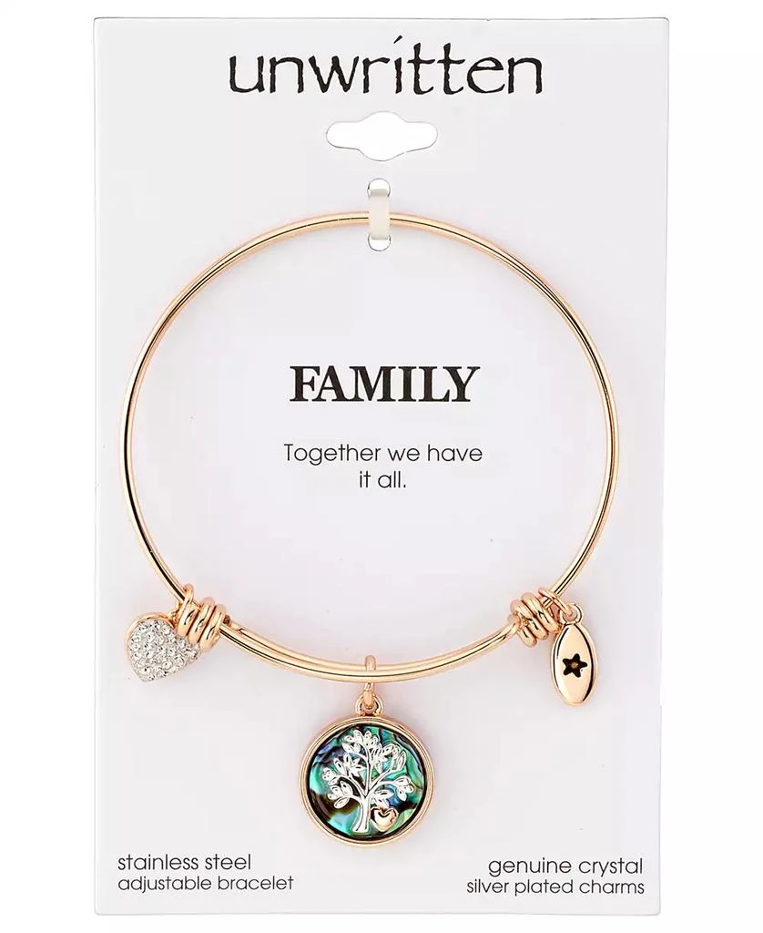 商品Unwritten|Family Tree Inlay Charm Bangle Stainless Steel Bracelet in Rose Gold-Tone with Silver Plated Charms,价格¥105,第3张图片详细描述