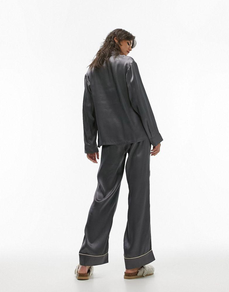 Topshop satin piped shirt & trouser pyjama set in slate grey商品第2张图片规格展示