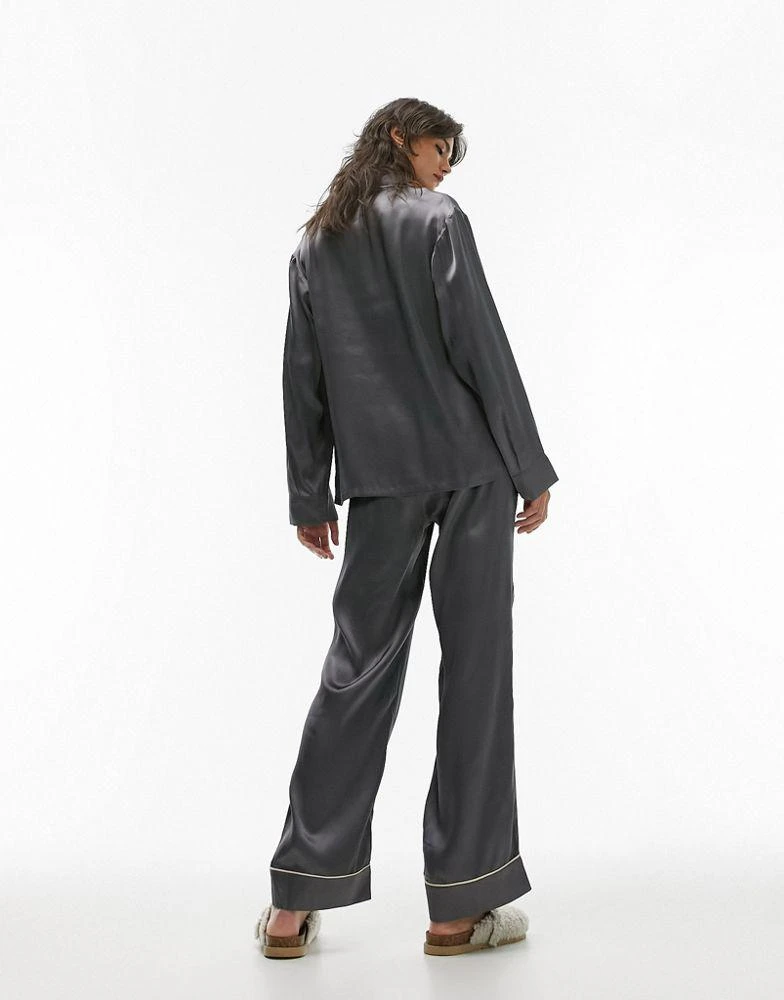 商品Topshop|Topshop satin piped shirt & trouser pyjama set in slate grey,价格¥424,第2张图片详细描述