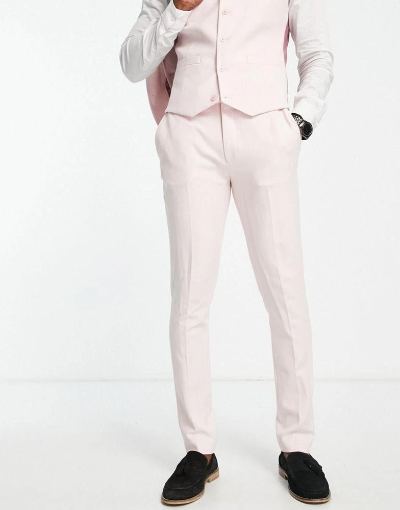 商品ASOS|ASOS DESIGN wedding skinny suit trousers in linen mix in micro texture in pink,价格¥198,第1张图片