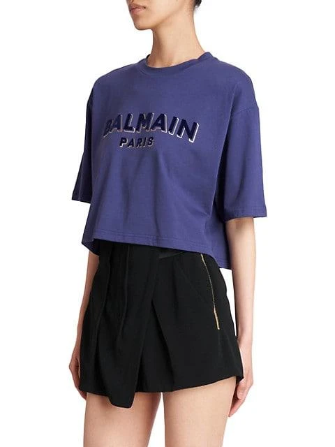 商品Balmain|Flocked Logo Cropped T-Shirt,价格¥3717,第4张图片详细描述