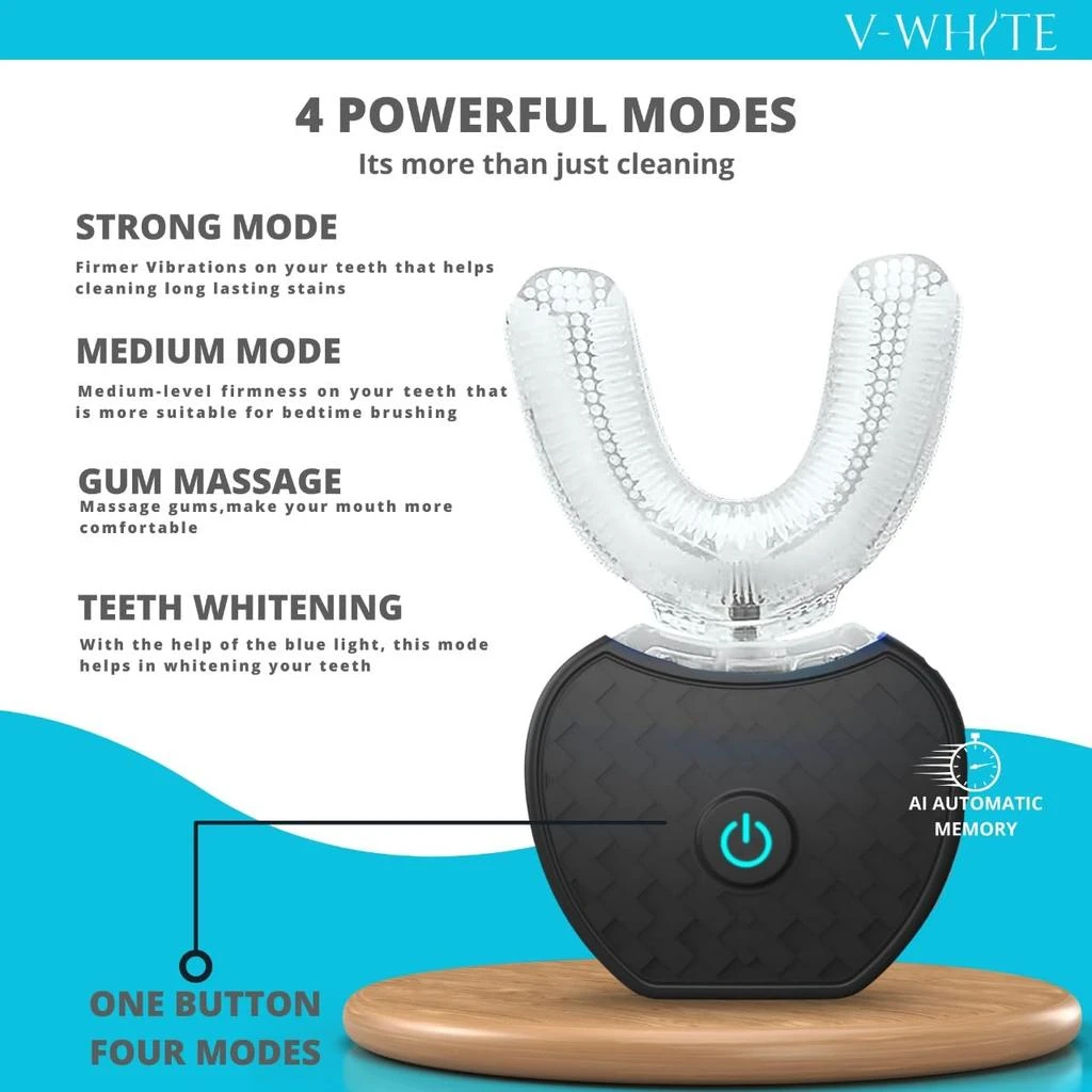 商品V-WHITE|V-WHITE Ultrasonic U-Shaped Toothbrush for Teeth Whitening, Electric Toothbrush For Adults - 360° Mouth Cleansing, Hands Free Gums Protection - Wireless Charging & LED Light -Waterproof IPX7 Certified,价格¥237,第3张图片详细描述